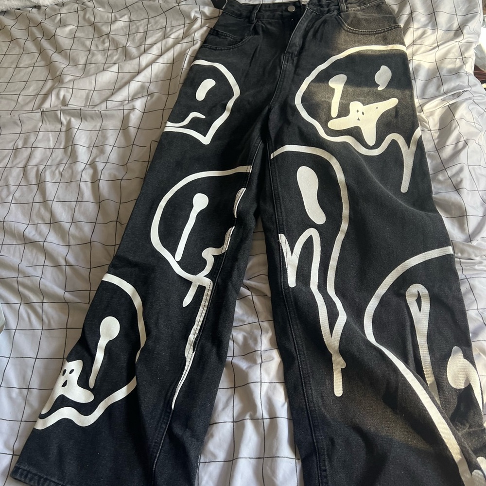 SOLD Dark Gray Graffiti smiley face Drape Straight Wide-leg Loose High-waisted